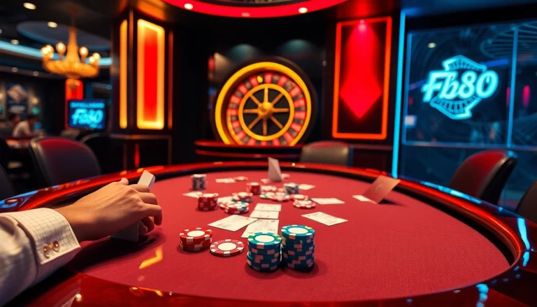 Engage in exciting poker thrills at Fb88 casino with colorful chips and atmospheric lighting.