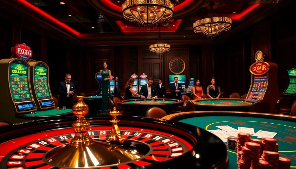 Experience thrilling gaming with XXGG in a luxurious casino atmosphere featuring poker tables and roulette wheels.