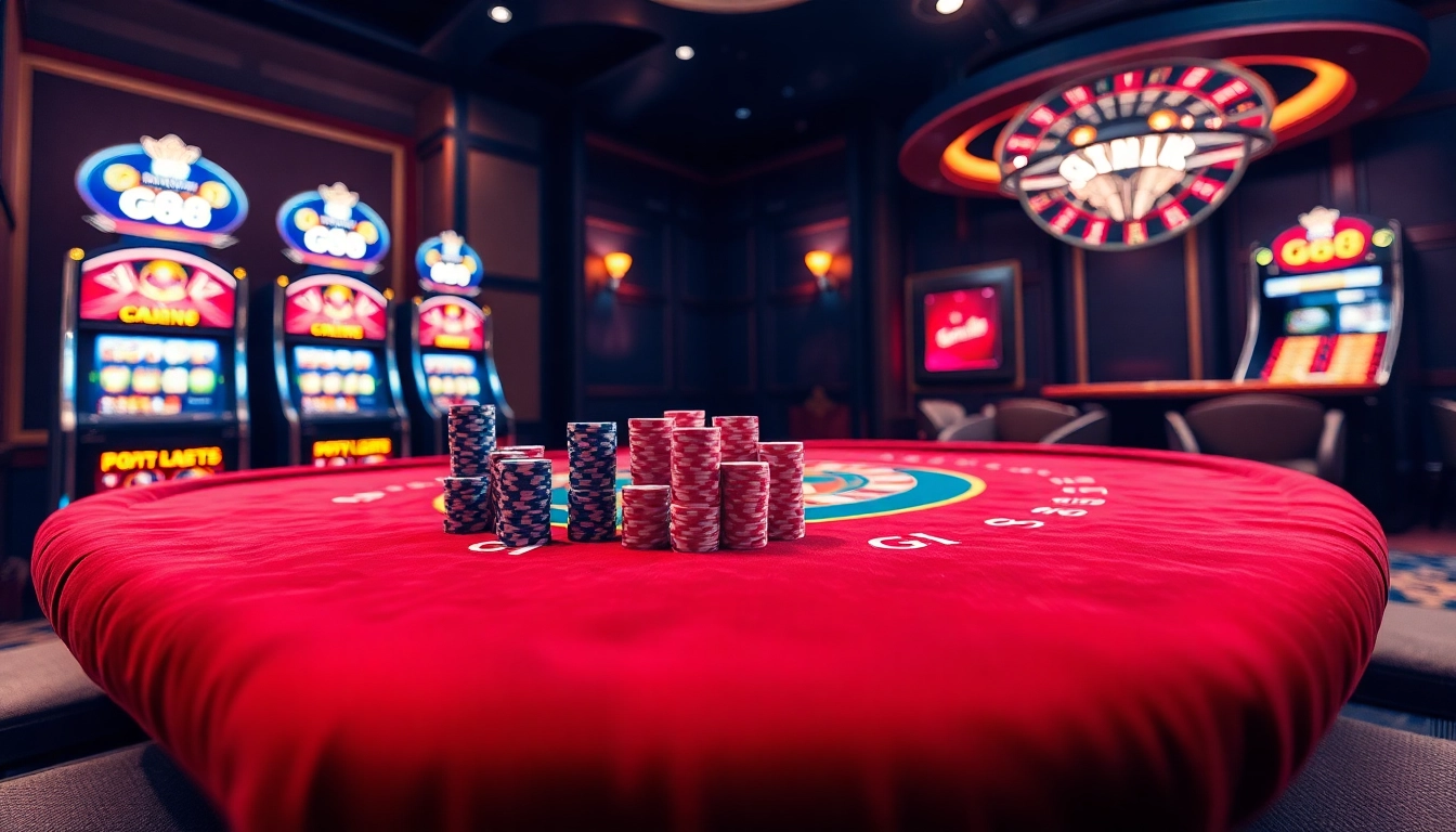 Players engaging with the vibrant GG88 casino table, surrounded by poker chips and bright slot machines.
