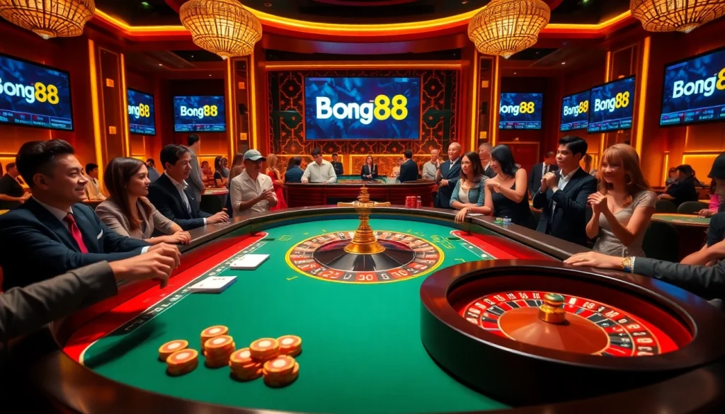 Bong88 players enjoying a luxurious casino experience with exciting Roulette and Baccarat games.