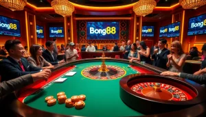Bong88 players enjoying a luxurious casino experience with exciting Roulette and Baccarat games.