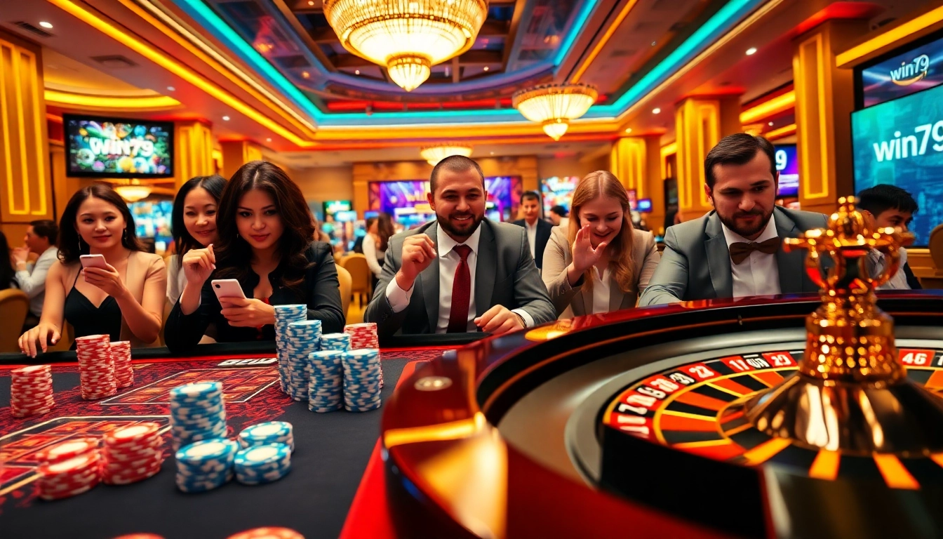 Engaging gameplay at win79 casino table with vibrant poker chips and a roulette wheel.