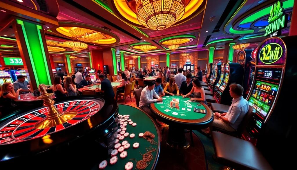 Players celebrating big wins at 32WIN's exciting casino with vibrant tables and slots.