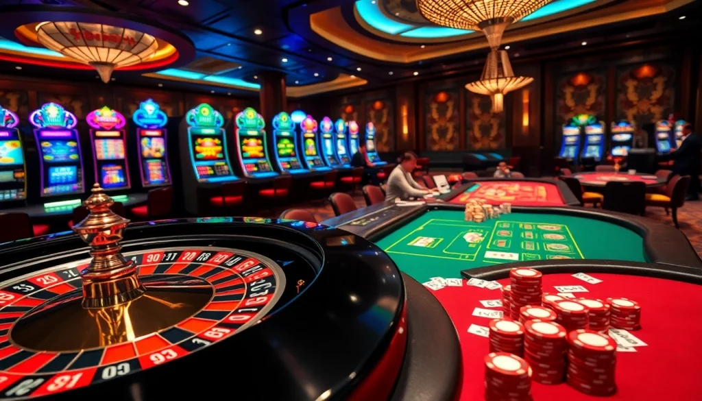 Engaged players enjoying Lô đề trực tuyến in a high-stakes casino environment with vibrant gaming elements.