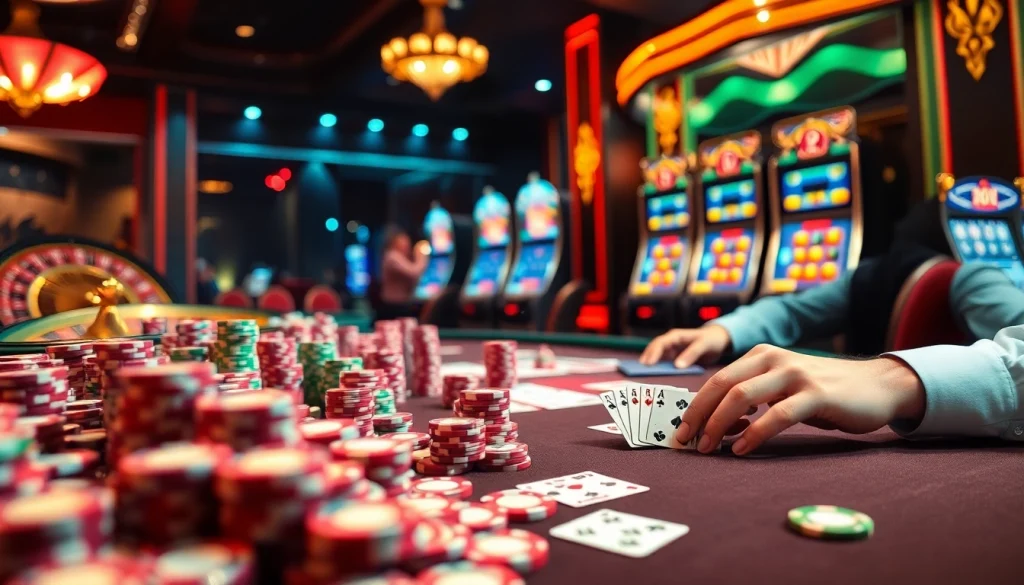 Exciting poker action at https://king88.vote/ with colorful chips and illuminated tables.