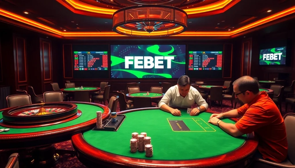 FEBET players enjoying an intense poker game in a luxurious casino environment with vibrant colors.