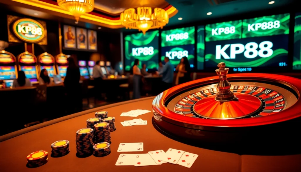 Engage in thrilling casino excitement with KP88's table games, chips, and vibrant atmosphere.