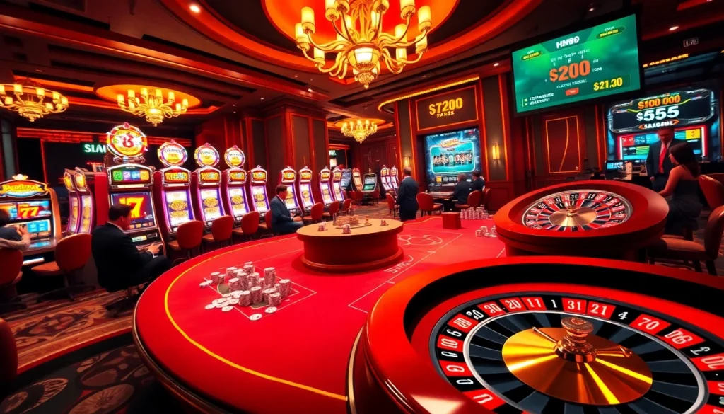 Engage with the thrilling experience at https://hm88.bike/ with a stylish poker table and vibrant slot machines.