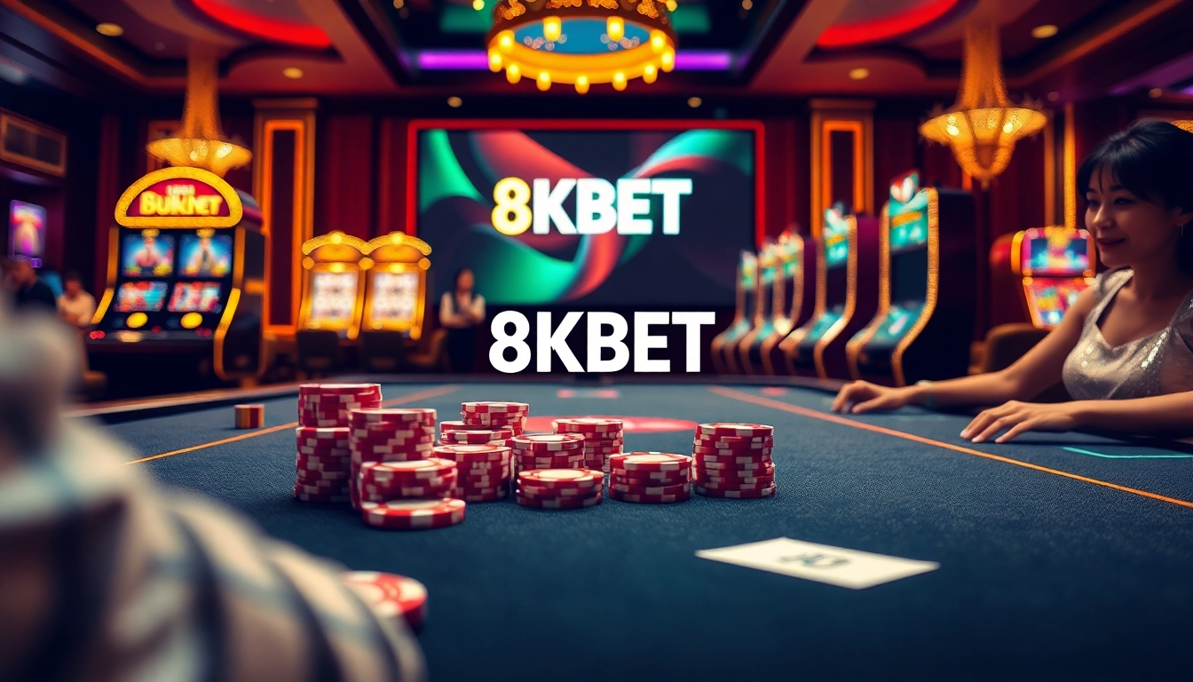 Experience luxury gambling with 8KBET’s online casino, showcasing vibrant slots and poker action.