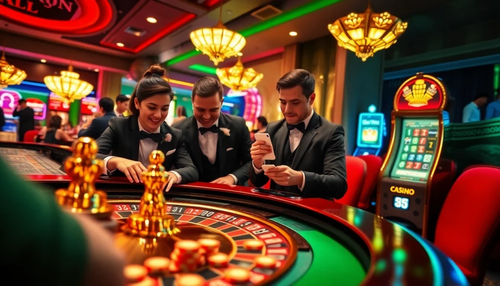 Engaging casino scene showcasing Winvn's vibrant gaming atmosphere with players at roulette and poker tables.