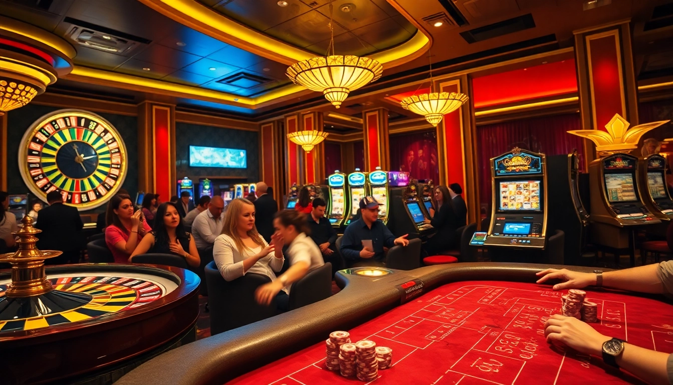 Gamblers enjoying an exciting gaming experience at https://www.sclub88.bet/ casino with roulette, poker, and slot machines.