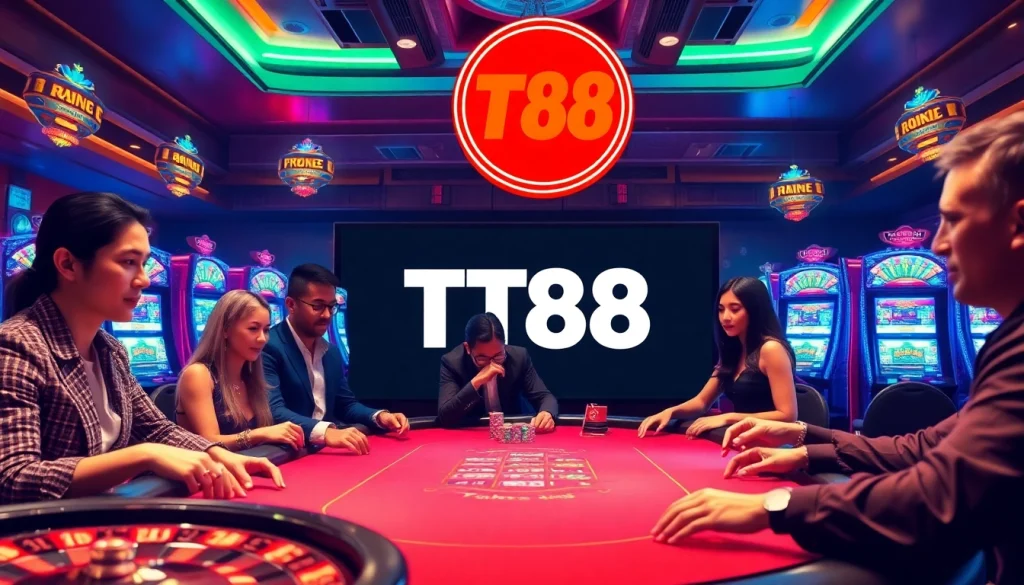Exciting gameplay at TT88 casino showcasing poker chips and slot machines in vibrant atmosphere.