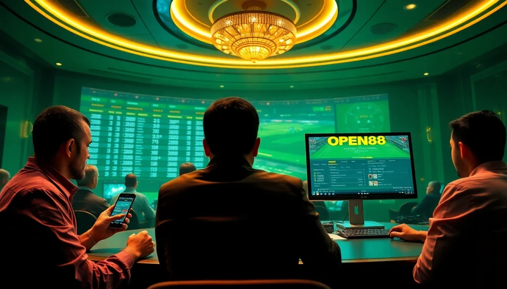 Dynamic sports betting scene featuring nhà cái OPEN88 in a modern digital environment.