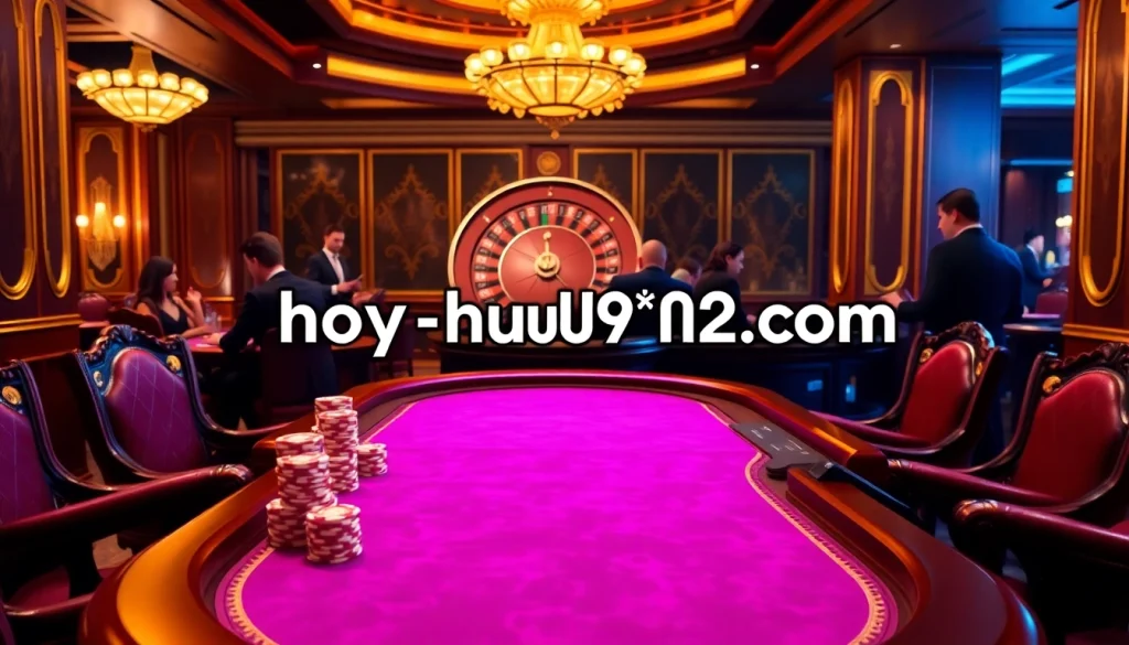 An exciting gaming experience at https://nohu90vn2.com/ featuring a luxurious poker table and roulette wheel.
