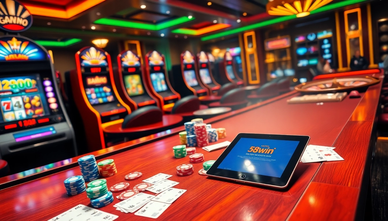 Players enjoy vibrant poker and slot games at 58win casino, highlighting excitement and professionalism.