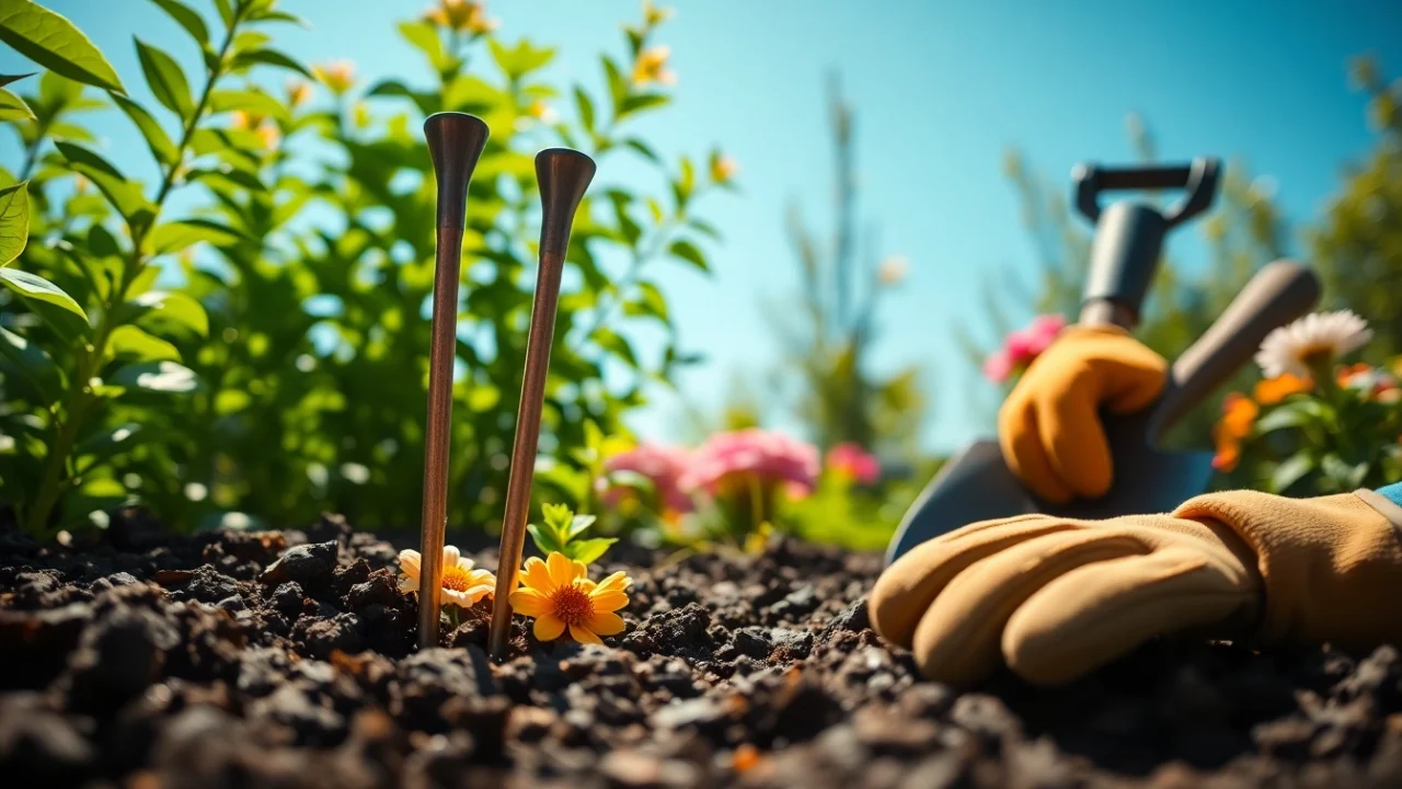 Ankor Stake מוט תקוע באדמה בין צמחייה גינה ססגונית, המדגישה אמינות ועמידות.