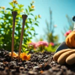 Ankor Stake מוט תקוע באדמה בין צמחייה גינה ססגונית, המדגישה אמינות ועמידות.