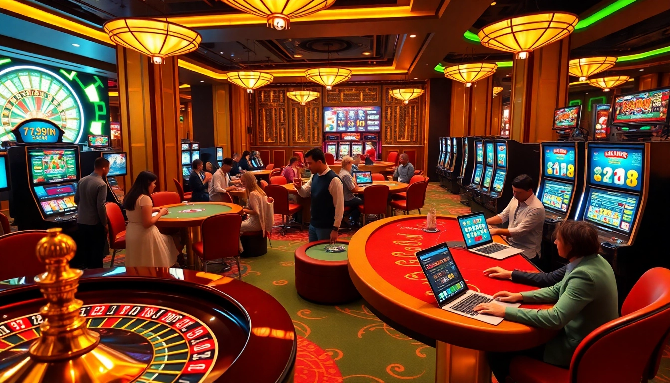 A dynamic online casino scene featuring players engaged in 789win gaming excitement at roulette and poker tables.