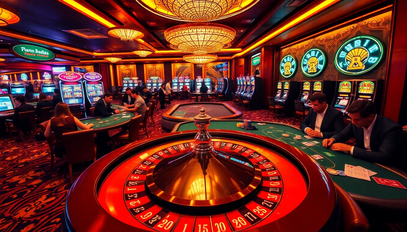 Players enjoying a thrilling casino atmosphere at fun79 with roulette, poker, and slot machines.