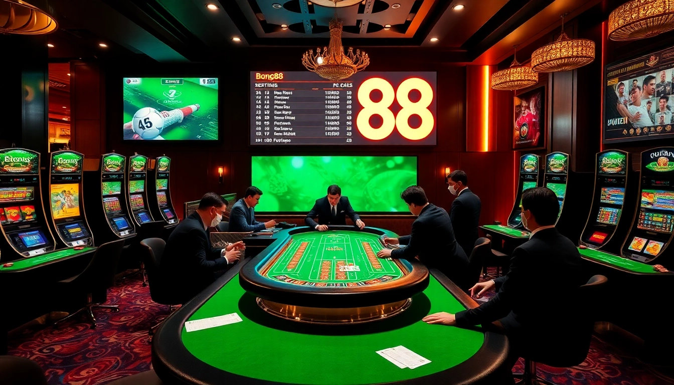 Bong88 players engaged in thrilling games at a luxurious casino, showcasing excitement and strategy.