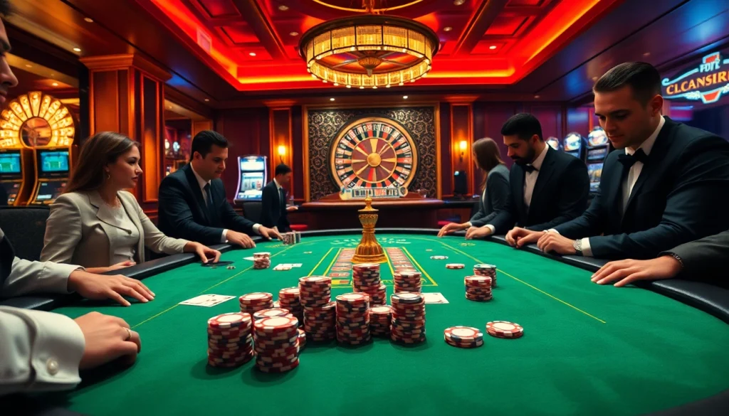 The thrilling poker action at https://s8.pub/, showcasing players engaged at a luxurious table in a vibrant casino.