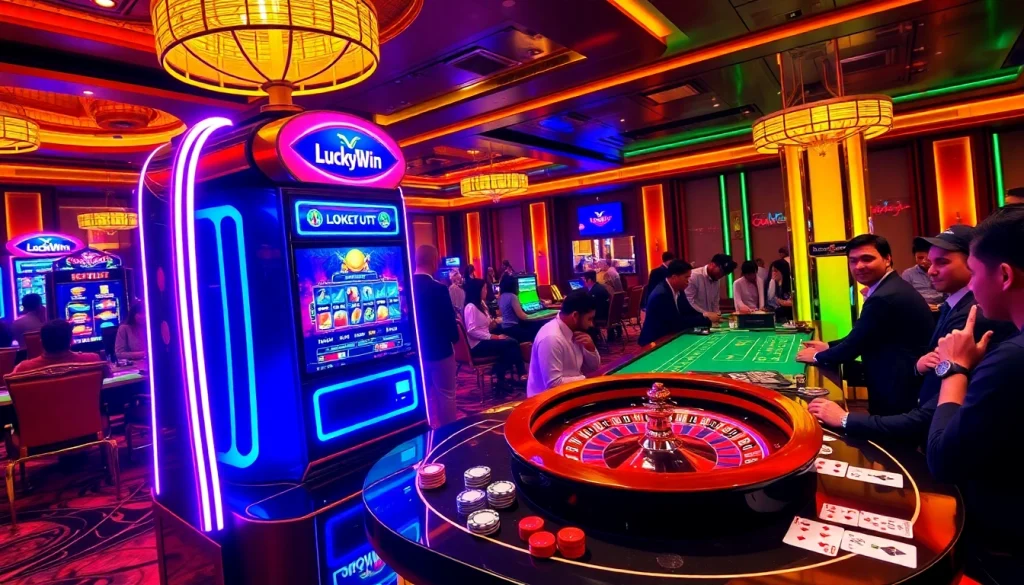 Players engage excitedly with the LuckyWin slot machine in a vibrant casino atmosphere.