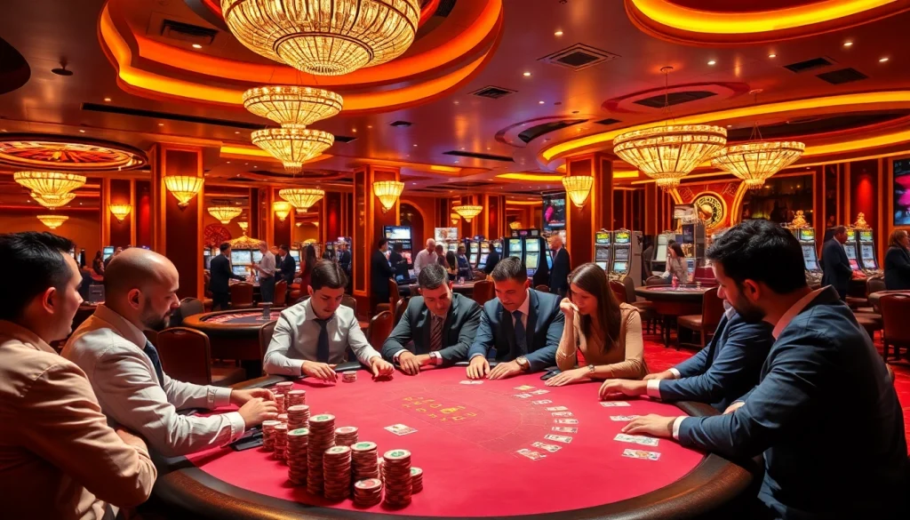 Daga-themed casino scene showcasing poker players and roulette wheels in a luxurious setting.