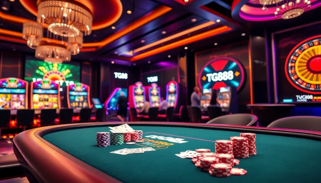 A thrilling poker game at https://tg88.to/, showcasing vibrant chips and a luxe casino atmosphere.