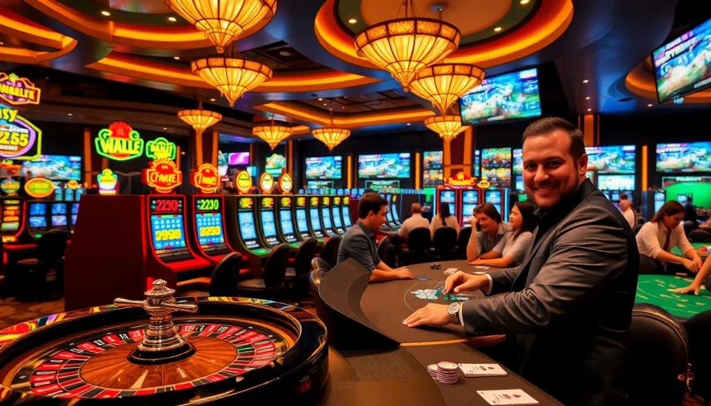 Excited players enjoying high-stakes games at the hz88 casino, featuring vibrant slot machines and poker tables.