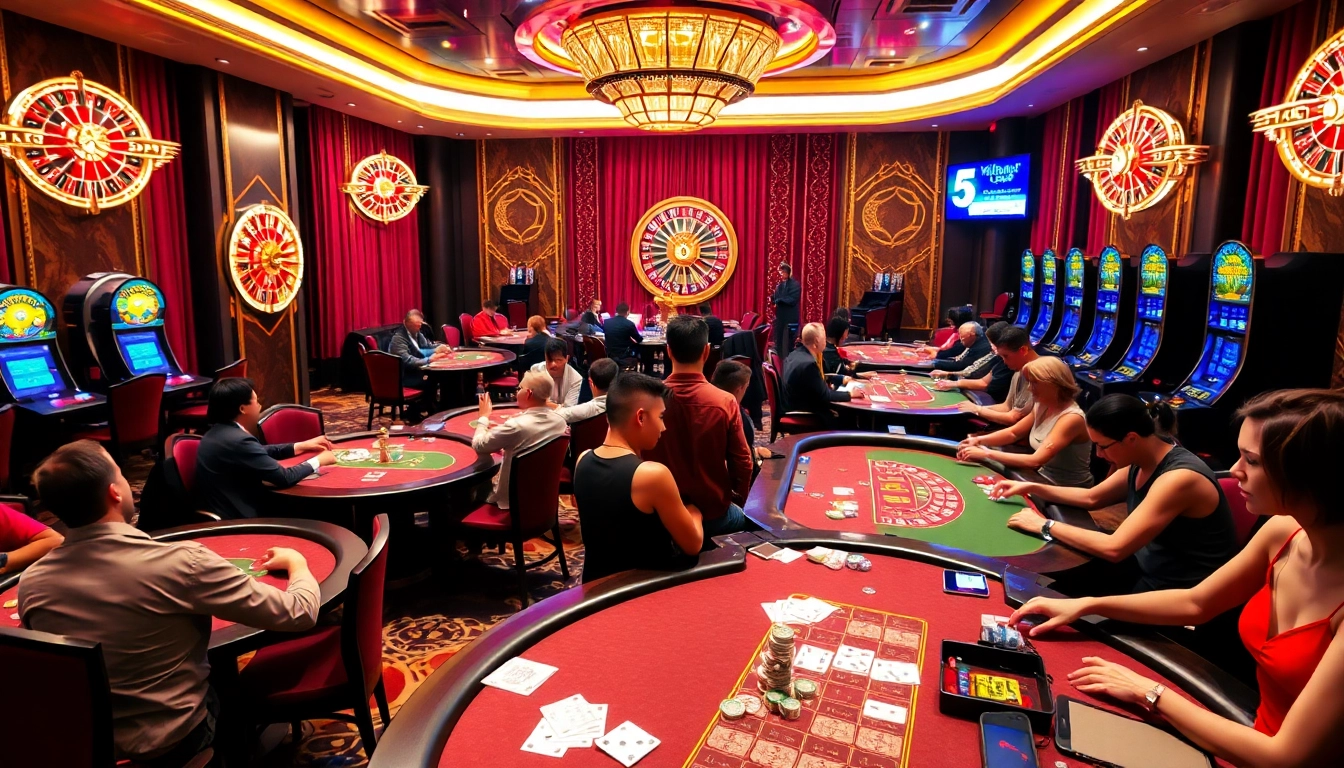 Kèo nhà cái 5 betting scene with vibrant tables and a dealer showcasing odds.