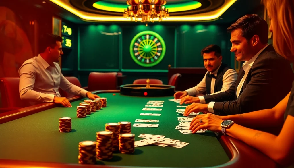 Players engaged in a thrilling game at https://s8ted.com/ poker table featuring luxury chips and cards.