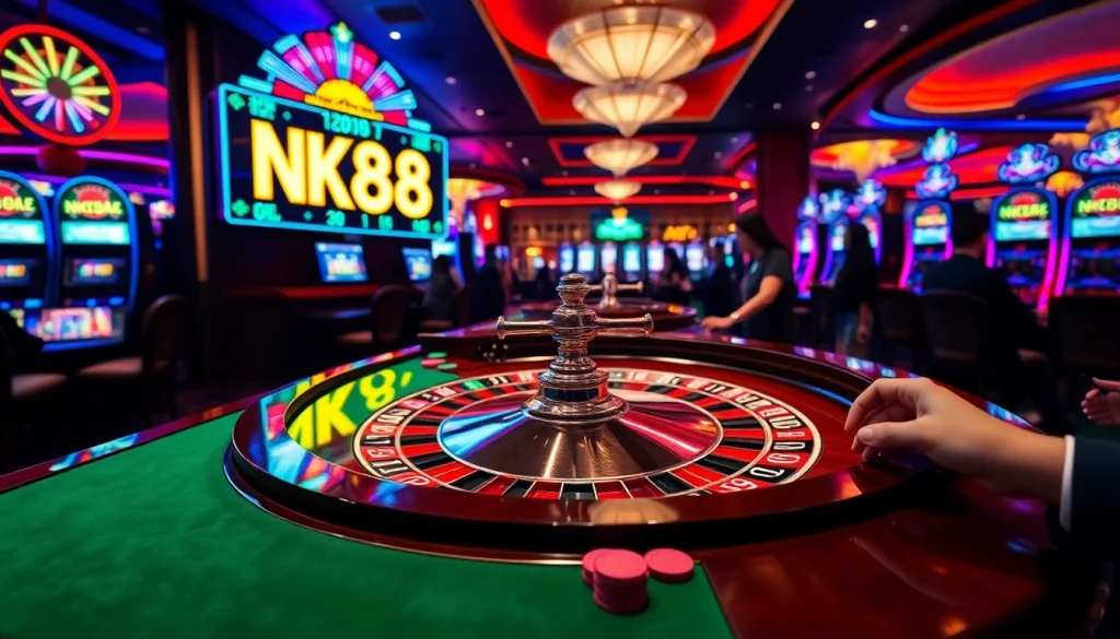 Experience thrilling bets at a luxurious casino with NK88 showcased prominently on the roulette table.