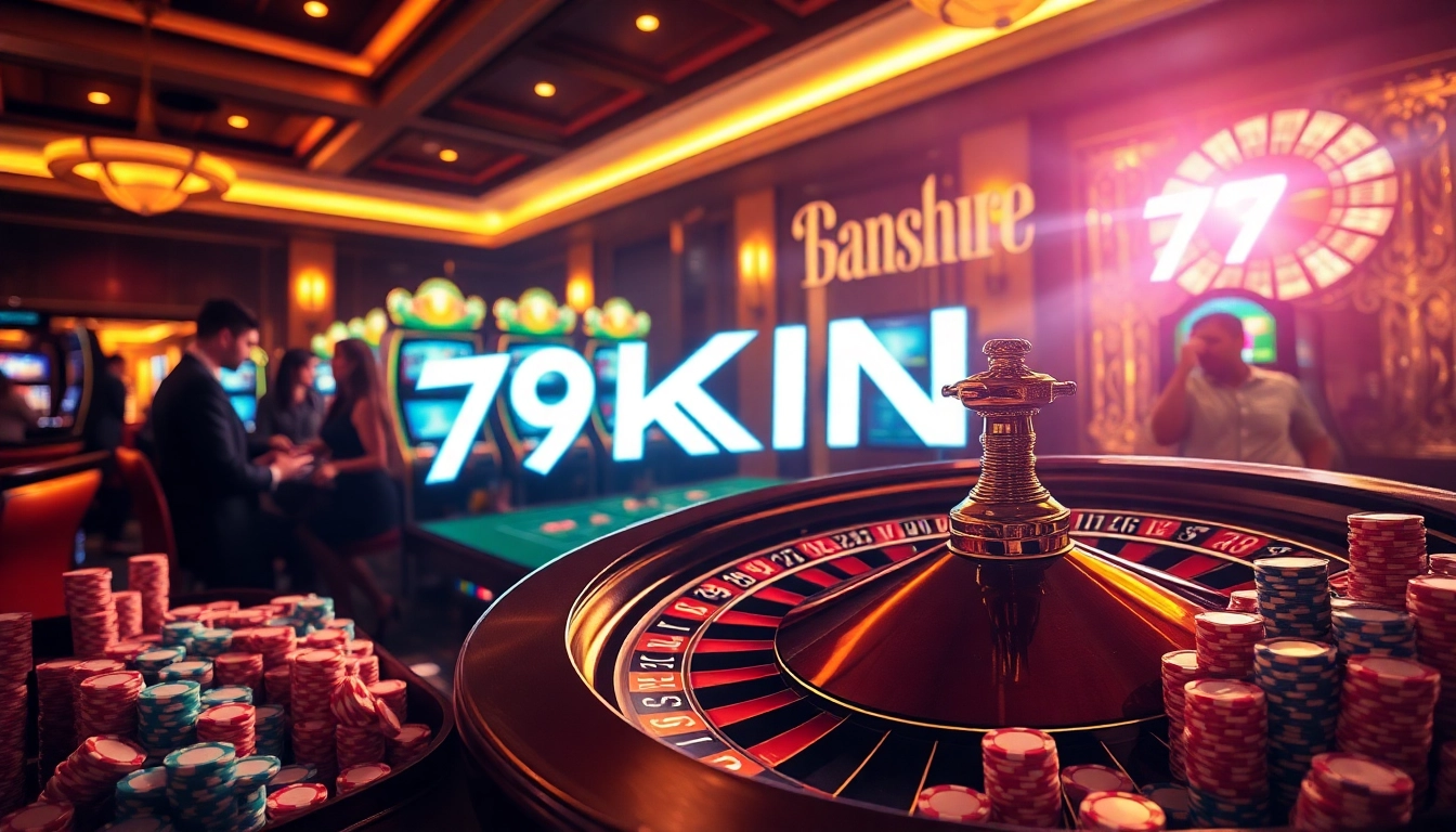 Experience the thrill of 79KING at a luxurious casino with spinning roulette and poker excitement.