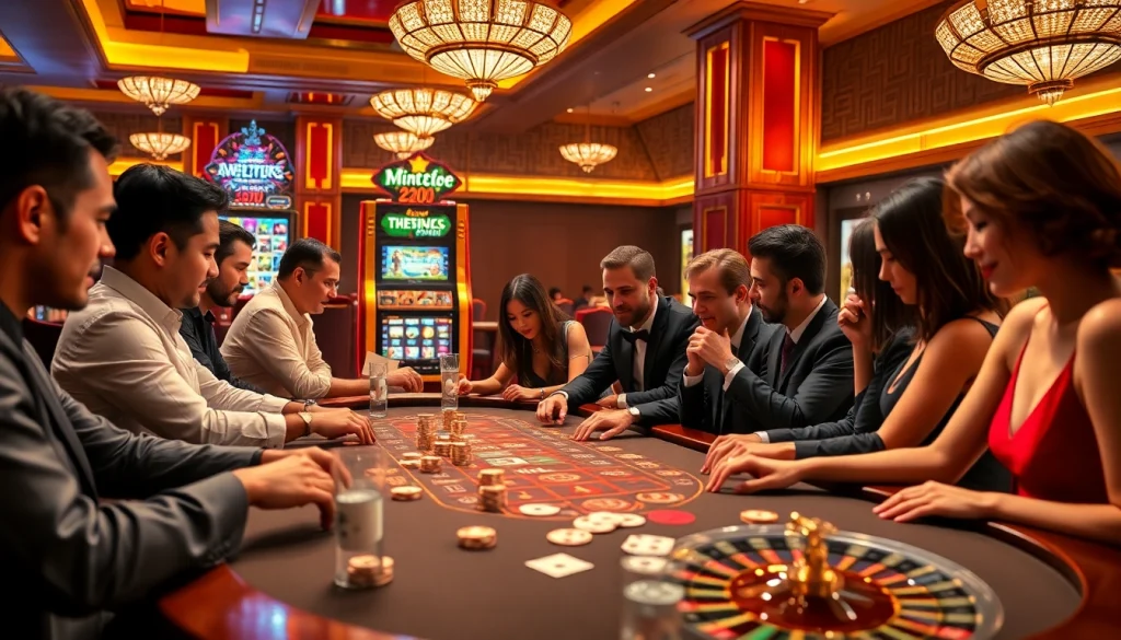 Experience the thrill of mint88 with a lively poker table surrounded by engaged gamers and vibrant slot machines.