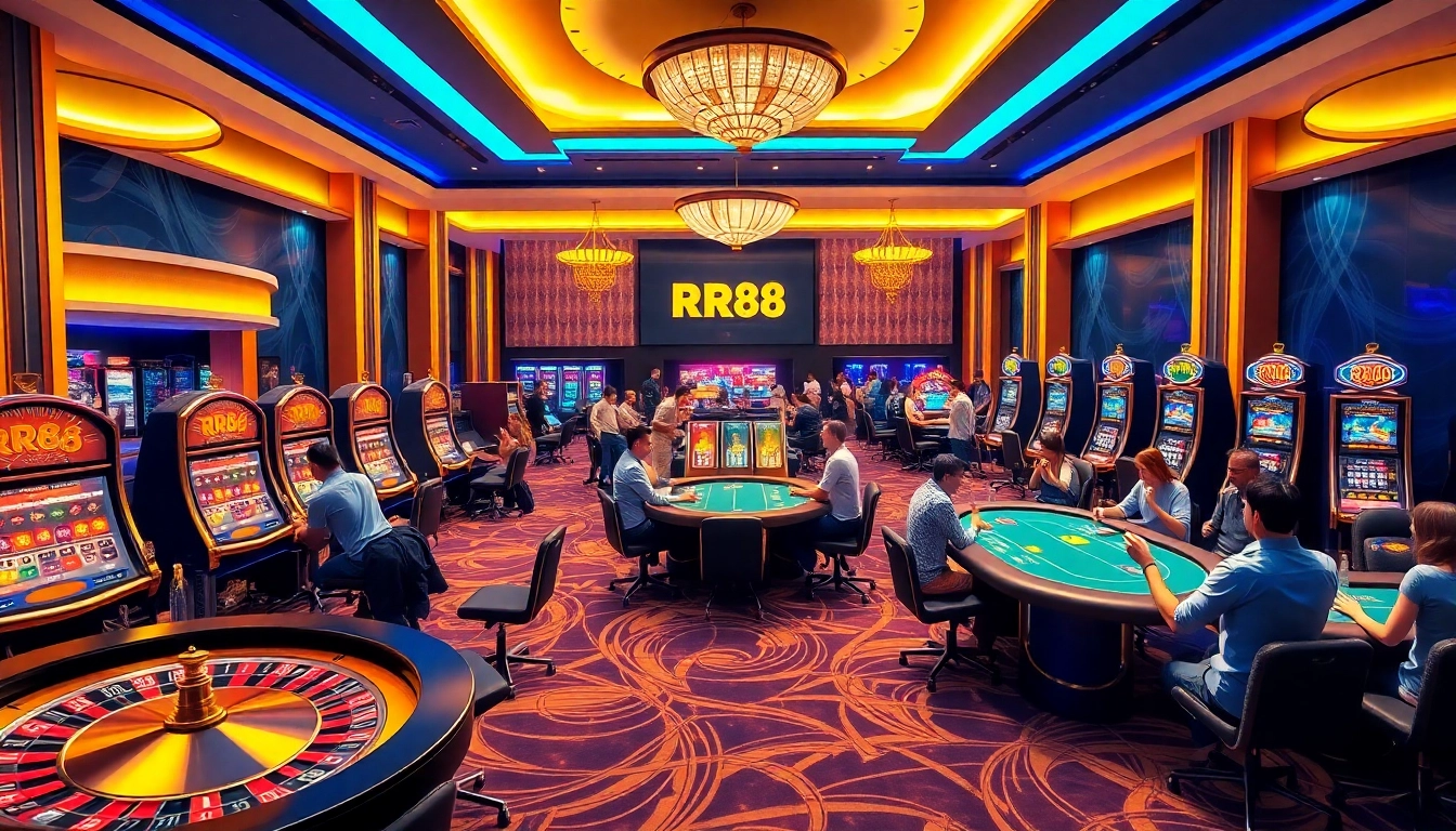 Players enjoying games at RR88 casino, featuring slot machines and roulette.