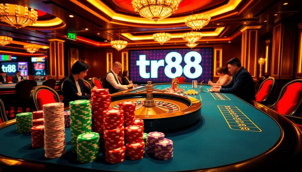 Players strategizing bets at a luxurious casino table featuring tr88 poker chips and roulette.