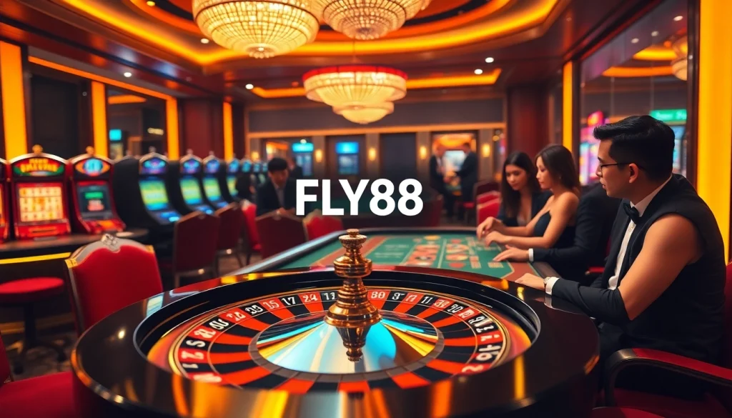 Players engaging in a thrilling poker game with FLY88 branding at a vibrant casino setting.