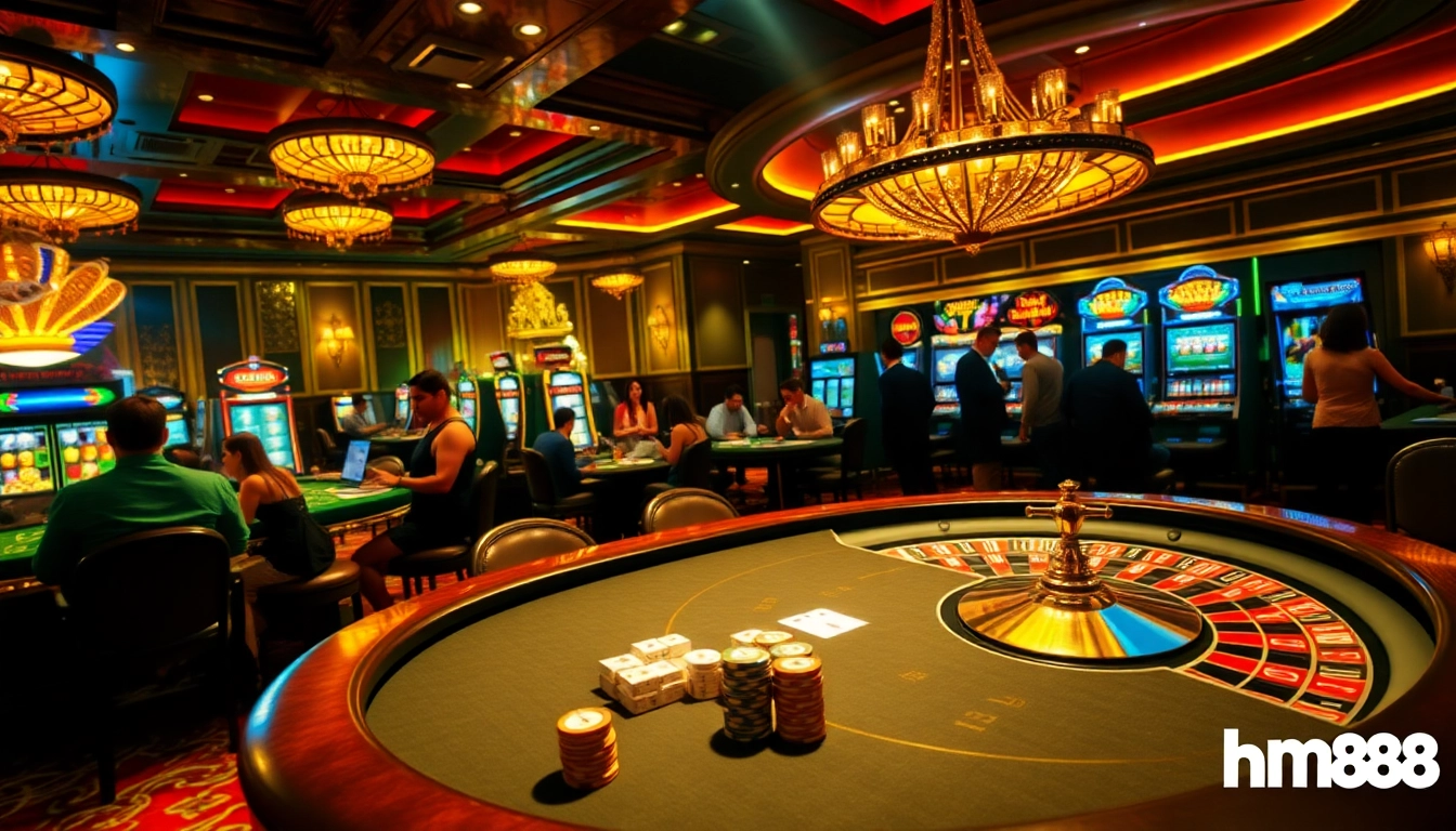 Gamblers enjoying a luxurious casino experience with hm88-themed poker chips and vibrant games.