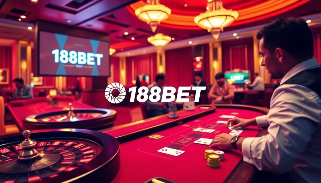 Players enjoy an exciting game at a 188BET casino table featuring cards and poker chips.