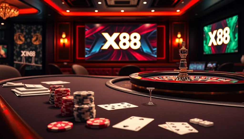 Experience thrilling online gaming with Xin88, featuring luxury casino tables and vibrant gameplay.