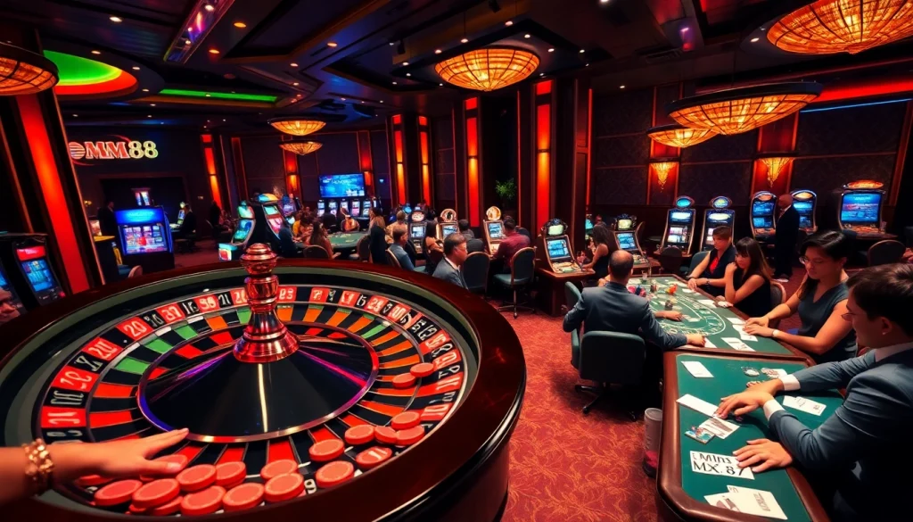 Engaging MM88 roulette table scene with players and vibrant chips in a luxurious casino setting.
