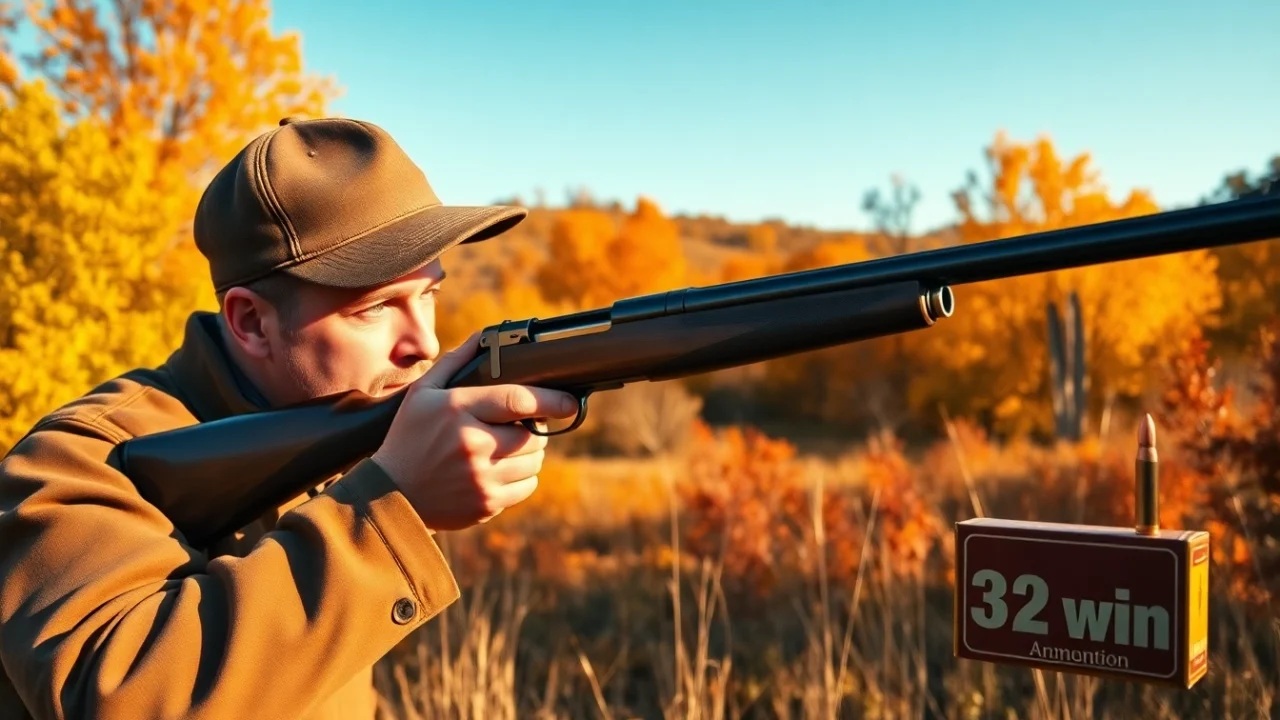 Skilled hunter aiming a lever-action rifle in autumn landscape, showcasing 32 win ammunition.