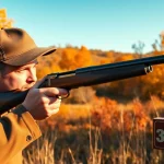 Skilled hunter aiming a lever-action rifle in autumn landscape, showcasing 32 win ammunition.
