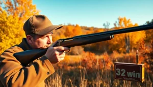 Skilled hunter aiming a lever-action rifle in autumn landscape, showcasing 32 win ammunition.