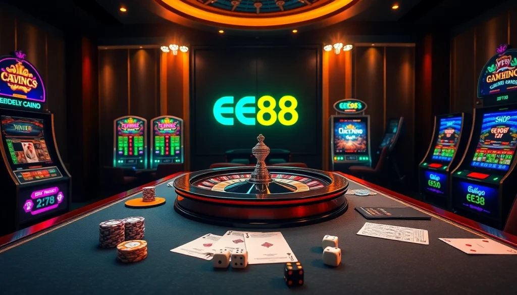 Experience the excitement at EE88 with vibrant casino tables and engaging slot machines.