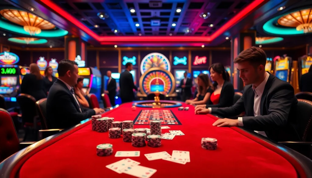 Exciting gaming atmosphere at hello88 casino with poker tables and slot machines.