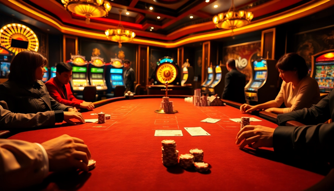 High-stakes gaming action at https://cm88.autos/ showcasing luxurious casino ambiance with poker chips and roulette.