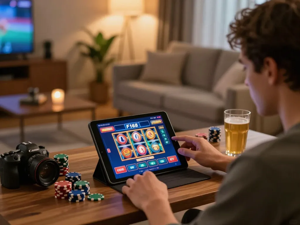 Player engaging with the F168 mobile casino app on a tablet at home, highlighting modern online gaming experience.