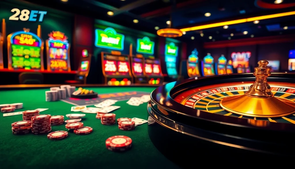 Experience the excitement of 28BET with vibrant casino tables and spinning roulette wheels.