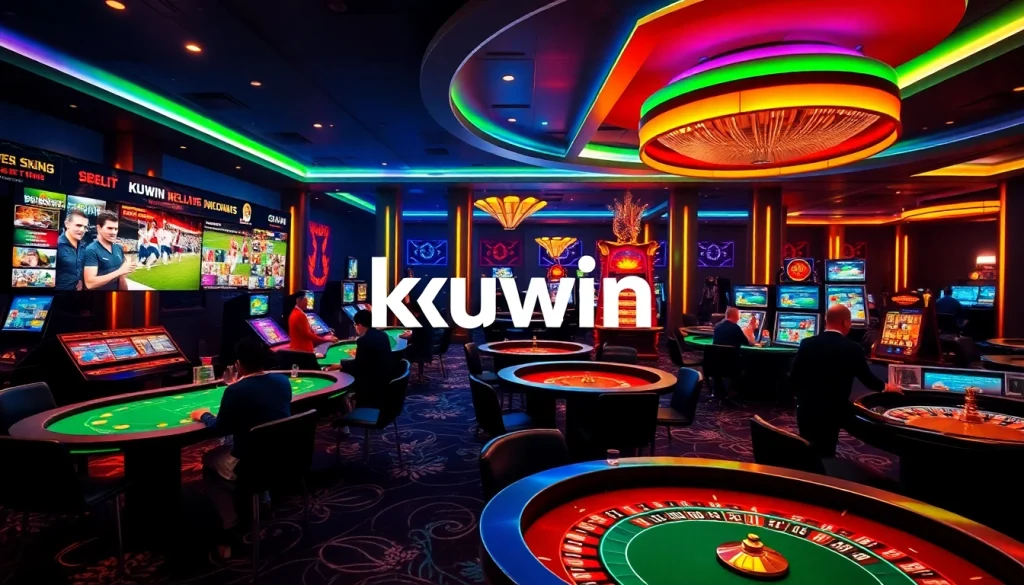 Kuwin online casino gaming scene showcasing vibrant tables and digital sports betting.